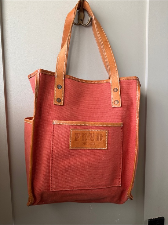Shinola Handbags - Shinola Coral-Red Canvas Tote with Tan Leather Trim